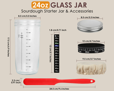 Sourdough Starter Jar Kit -Wide Mouth Glass Jar, Thermometer, Feeding Day Tracker Band, Dough Scraper Spatula, Cloth Cover & Metal Lid -Reusable Gluten Free Sourdough Starter Kit